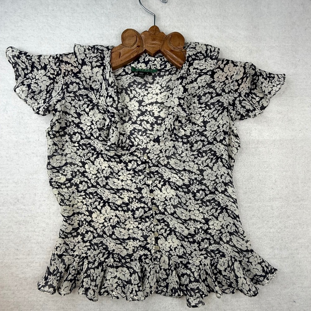 Lauren Ralph Lauren Silk Floral Ruffle Blouse Peplum Top siren sz4 -faint spots - Picture 9 of 9